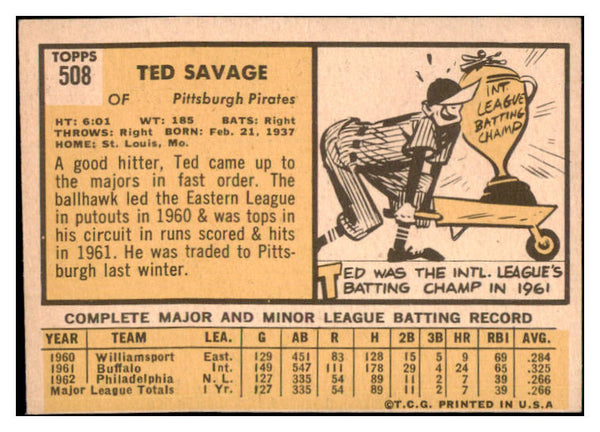 1963 Topps Baseball #508 Ted Savage Pirates EX 525151