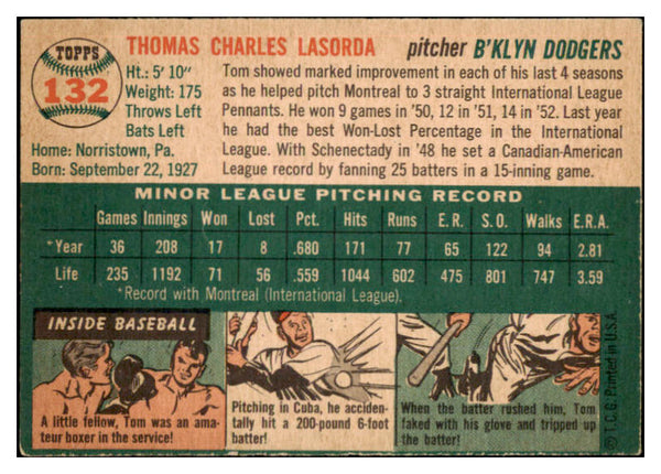 1954 Topps Baseball #132 Tom Lasorda Dodgers EX 525249