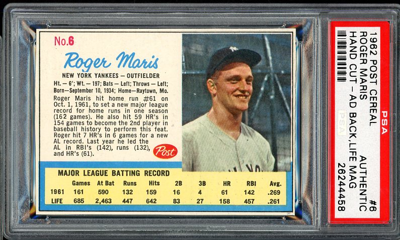 1962 Post Baseball #006 Roger Maris Yankees PSA Auth Ad 525254