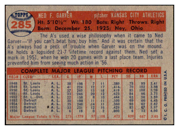 1957 Topps Baseball #285 Ned Garver A's EX-MT 525296