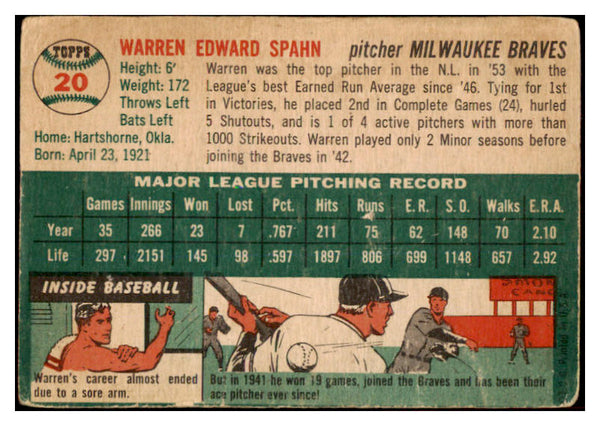 1954 Topps Baseball #020 Warren Spahn Braves GD-VG 525537
