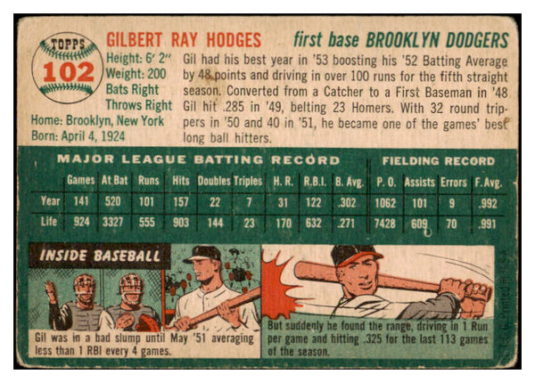 1954 Topps Baseball #102 Gil Hodges Dodgers Good 525635