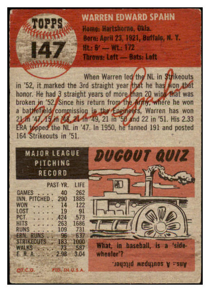 1953 Topps Baseball #147 Warren Spahn Braves VG-EX 525641