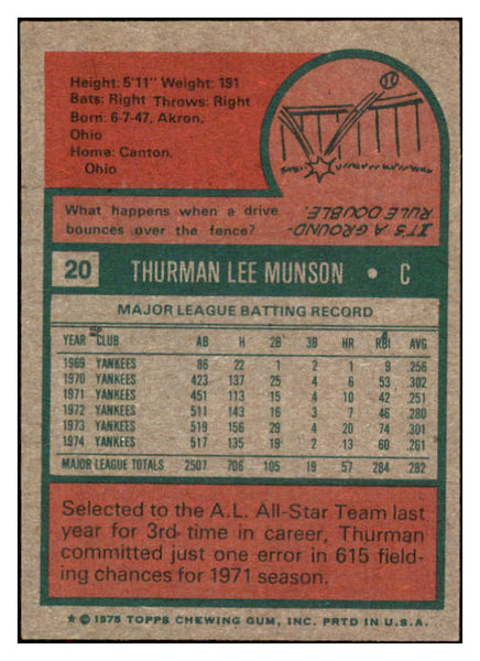 1975 Topps Baseball #020 Thurman Munson Yankees EX-MT 527155