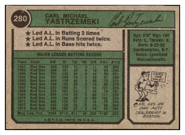 1974 Topps Baseball #280 Carl Yastrzemski Red Sox EX-MT 527172
