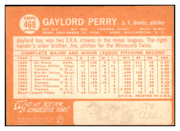 1964 Topps Baseball #468 Gaylord Perry Giants VG-EX 527340