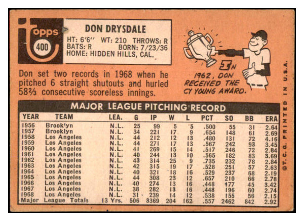 1969 Topps Baseball #400 Don Drysdale Dodgers VG-EX 527363