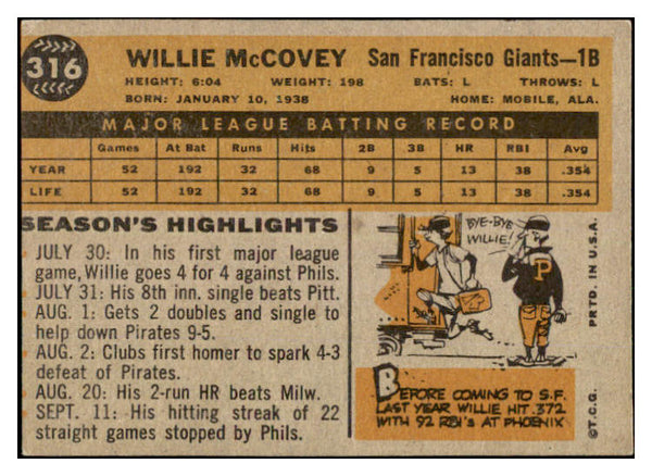 1960 Topps Baseball #316 Willie McCovey Giants VG-EX 527382