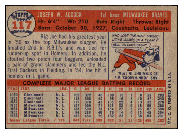 1957 Topps Baseball #117 Joe Adcock Braves EX-MT 527417