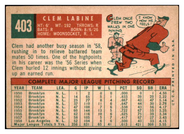 1959 Topps Baseball #403 Clem Labine Dodgers EX 527422
