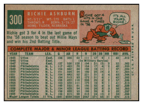 1959 Topps Baseball #300 Richie Ashburn Phillies EX 527512