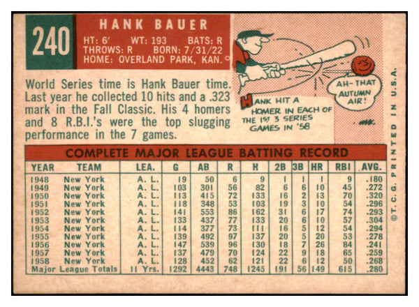 1959 Topps Baseball #240 Hank Bauer Yankees VG-EX 527521