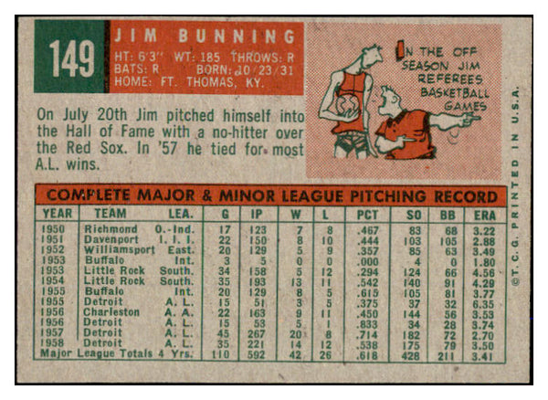1959 Topps Baseball #149 Jim Bunning Tigers VG-EX 527525