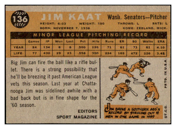 1960 Topps Baseball #136 Jim Kaat Senators EX+/EX-MT 527574