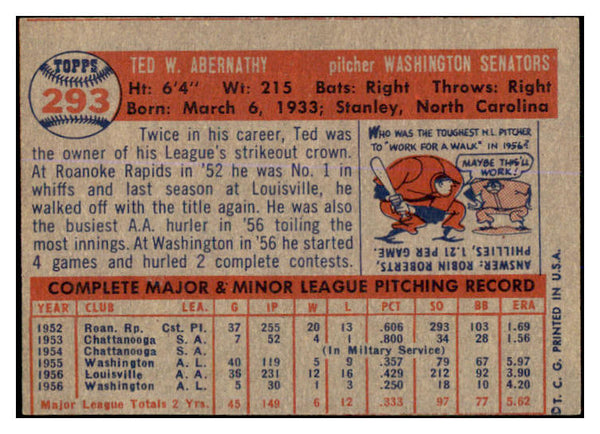 1957 Topps Baseball #293 Ted Abernathy Senators VG 527607