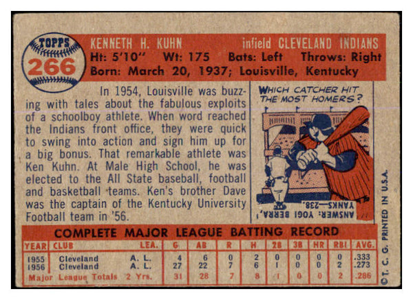 1957 Topps Baseball #266 Ken Kuhn Indians VG 527611