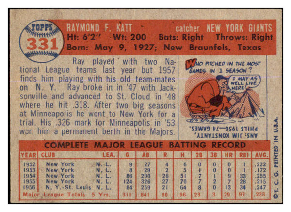 1957 Topps Baseball #331 Ray Katt Giants VG-EX 527618
