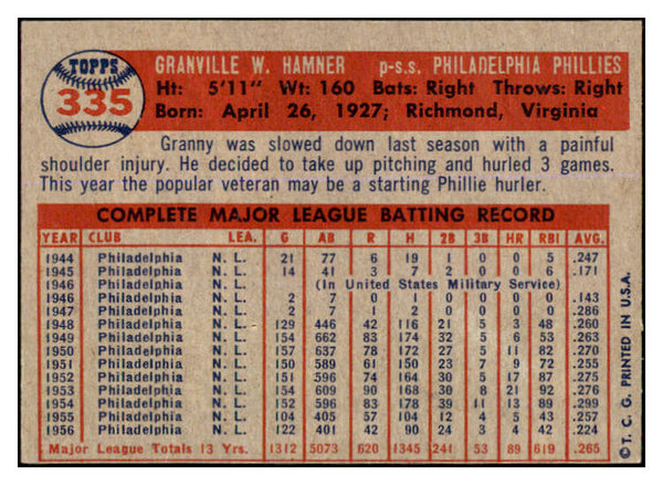 1957 Topps Baseball #335 Granny Hamner Phillies EX 527637