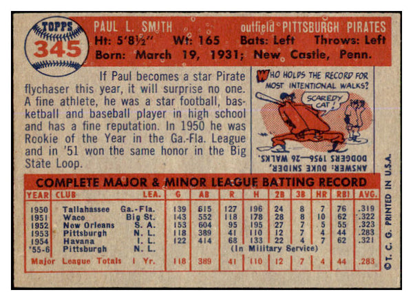 1957 Topps Baseball #345 Paul Smith Pirates EX 527640