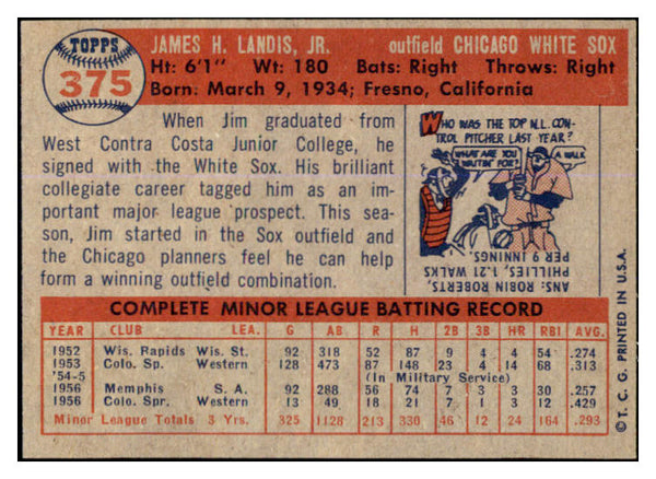 1957 Topps Baseball #375 Jim Landis White Sox EX-MT 527674