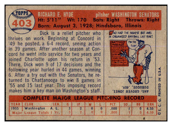1957 Topps Baseball #403 Dick Hyde Senators EX-MT 527677