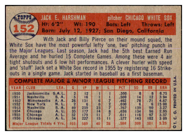 1957 Topps Baseball #152 Jack Harshman White Sox EX-MT 527692