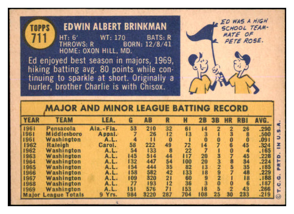 1970 Topps Baseball #711 Ed Brinkman Senators EX-MT 527698