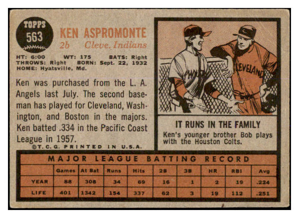 1962 Topps Baseball #563 Ken Aspromonte Indians VG-EX 527703