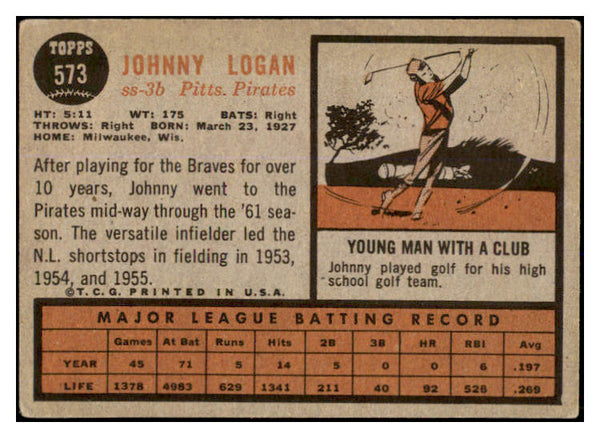 1962 Topps Baseball #573 Johnny Logan Pirates VG-EX 527713