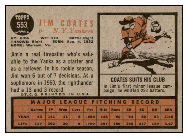 1962 Topps Baseball #553 Jim Coates Yankees EX-MT 527720