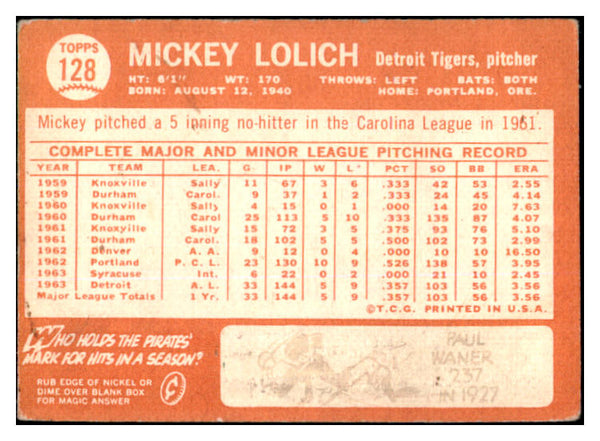 1964 Topps Baseball #128 Mickey Lolich Tigers VG-EX 527759