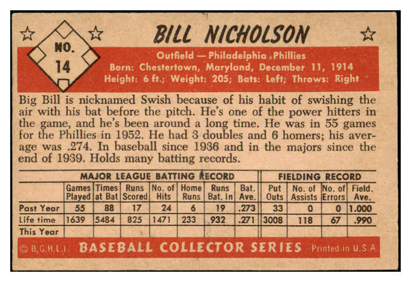 1953 Bowman Black & White Baseball #014 Bill Nicholson Phillies VG-EX 527931