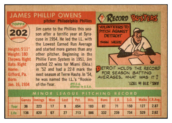 1955 Topps Baseball #202 Jim Owens Phillies VG-EX 528015