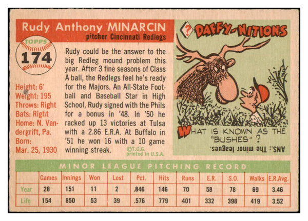 1955 Topps Baseball #174 Rudy Minarcin Reds EX-MT 528020