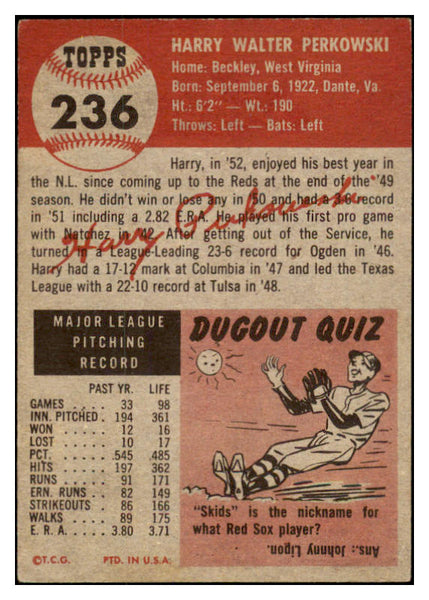1953 Topps Baseball #236 Harry Perkowski Reds EX 528072