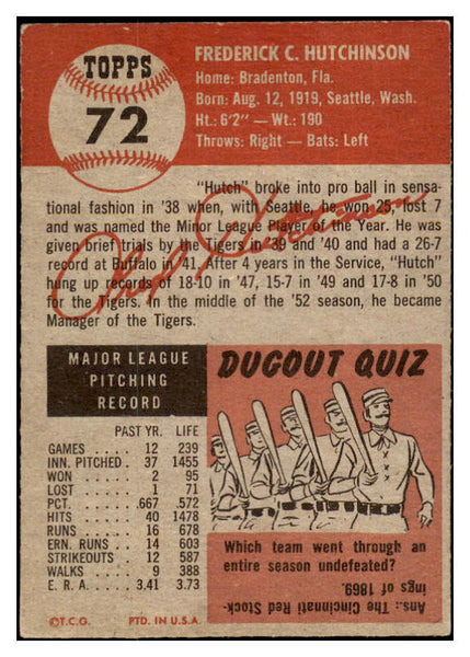 1953 Topps Baseball #072 Fred Hutchinson Tigers EX-MT 528079