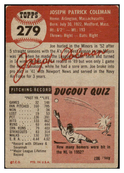 1953 Topps Baseball #279 Joe Coleman A's VG-EX 528088