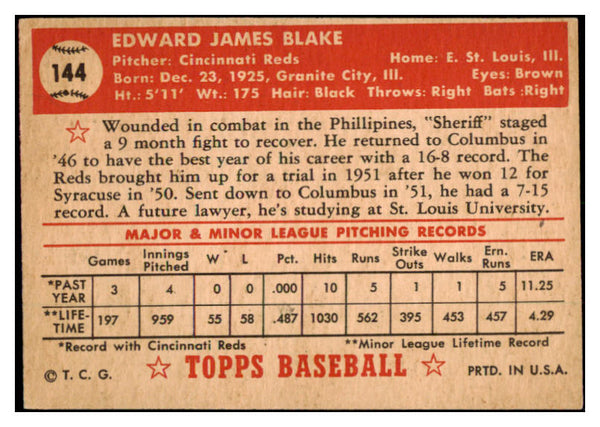 1952 Topps Baseball #144 Ed Blake Reds VG-EX 528117