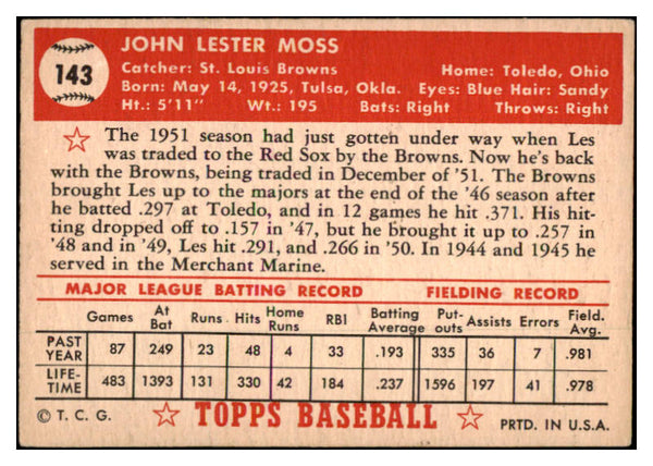 1952 Topps Baseball #143 Les Moss Browns VG-EX 528118