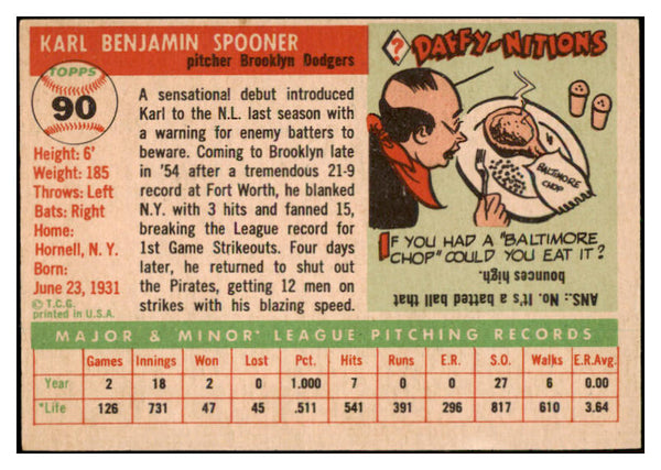 1955 Topps Baseball #090 Karl Spooner Dodgers EX-MT 528140
