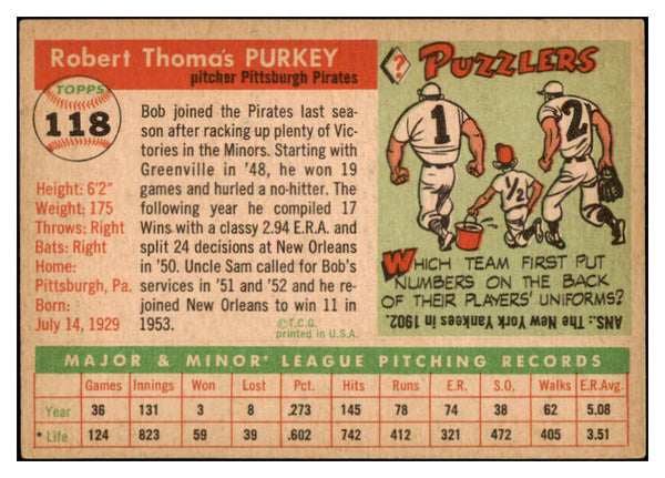 1955 Topps Baseball #118 Bob Purkey Pirates EX-MT 528147