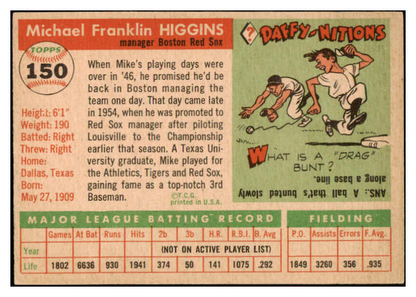 1955 Topps Baseball #150 Mike Higgins Red Sox EX-MT 528153