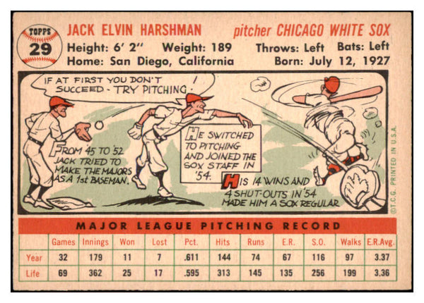 1956 Topps Baseball #029 Jack Harshman White Sox EX-MT White 528185
