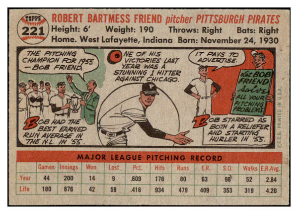 1956 Topps Baseball #221 Bob Friend Pirates EX-MT 528239
