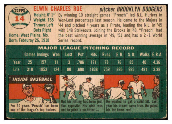1954 Topps Baseball #014 Preacher Roe Dodgers VG 528309
