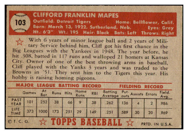 1952 Topps Baseball #103 Cliff Mapes Tigers EX-MT 528345