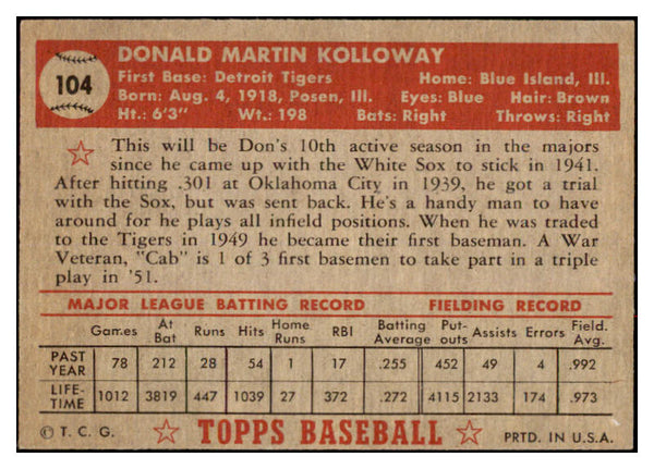 1952 Topps Baseball #104 Don Kolloway Tigers EX-MT 528346