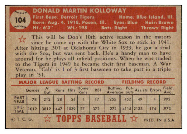 1952 Topps Baseball #104 Don Kolloway Tigers EX-MT 528348