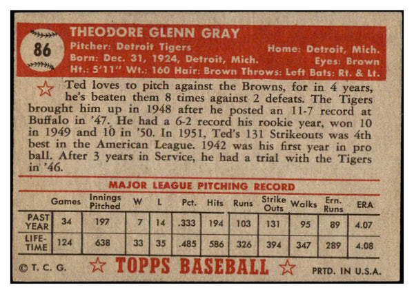 1952 Topps Baseball #086 Ted Gray Tigers EX-MT 528365
