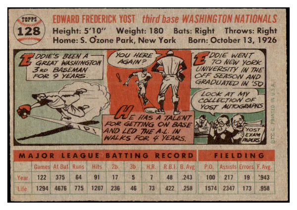 1956 Topps Baseball #128 Eddie Yost Senators EX-MT Gray 528387